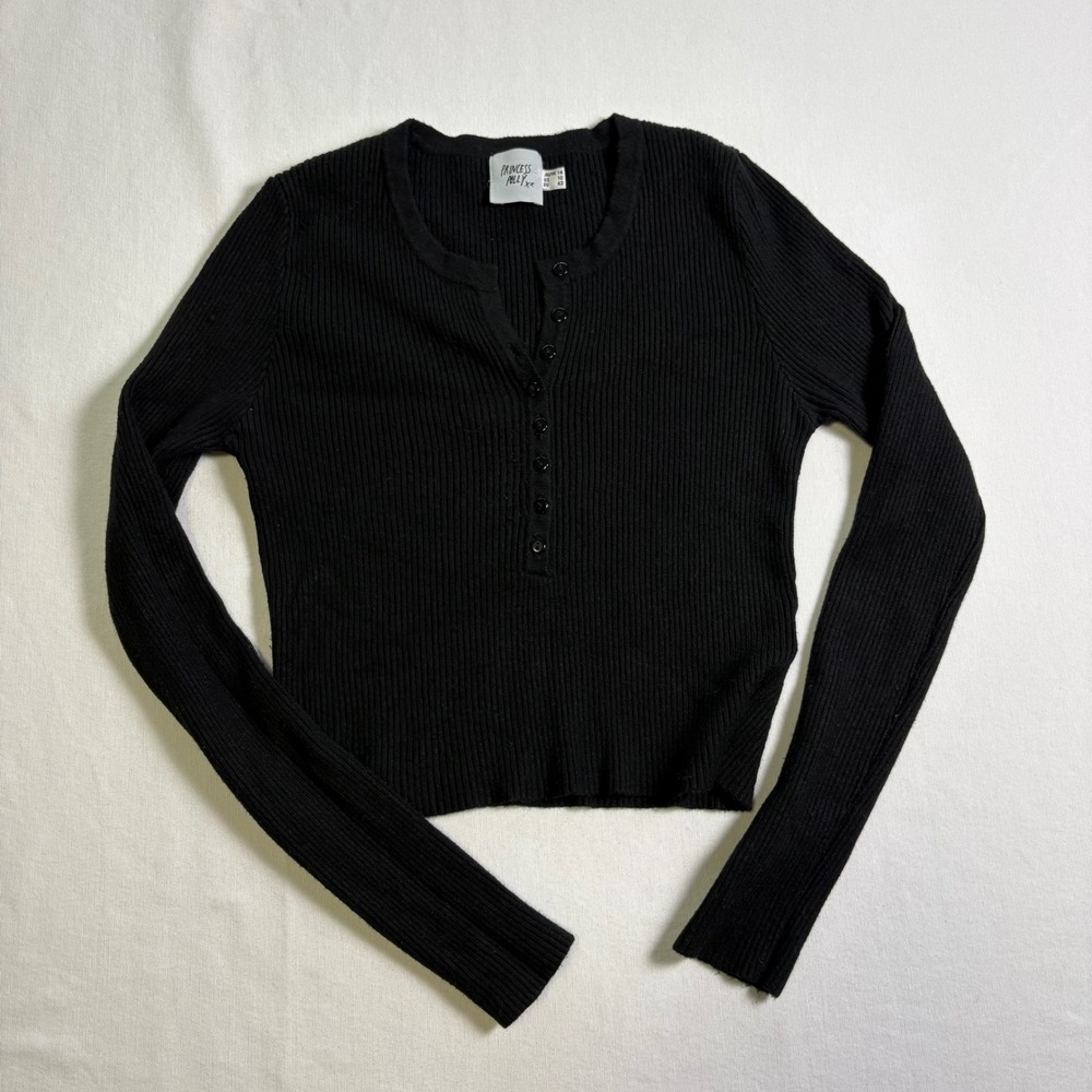Princess Polly, Henley Ribbed Top, 10, Black, Long Sleeve Crop Knit